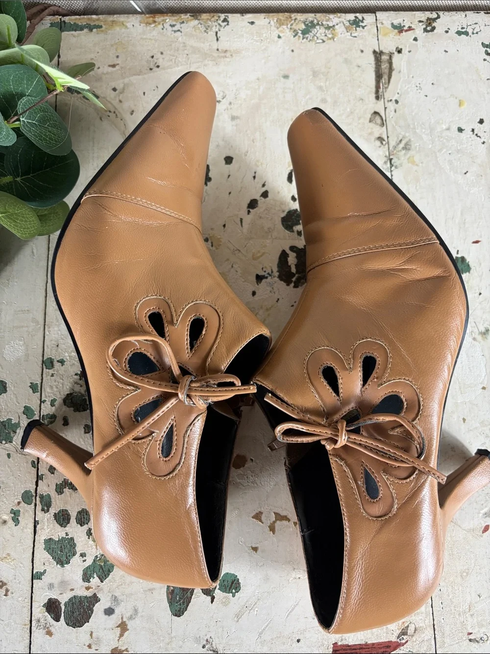 Bisou Bisou > Tan Leather Pointed-Toe Lace-Up Heels 8